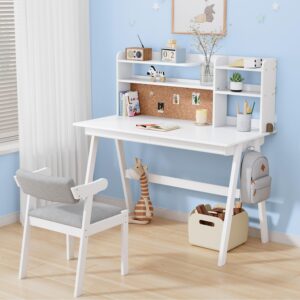 47.24″ Kids Table and Chair Set, Solid Wood Desk with Drawers for Kids, White Desk Hutch with Cork Bulletin Board, Study Table and Chair Set for Bedroom, Study Room, White