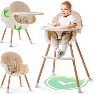 3-in-1 High Chair for Babies and Toddlers – Convertible Wooden Baby Highchair for Eating with Safety Belt, Foldable Baby Feeding Chair with 3-Position Removable Tray, Adjustable Legs, Easy to Clean