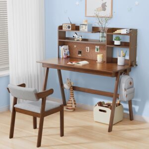 47.24″ Kids Table and Chair Set, Solid Wood Desk with Drawers for Kids, Wooden Desk Hutch with Cork Bulletin Board, Study Table and Chair Set for Bedroom, Study Room, Walnut