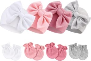 Newborn Baby Hats and Mittens Set Infant Bow Beanie Cap Toddler Gloves Newborn Hospital Hats for Baby Boy Girl 0-6 Months