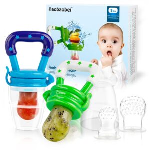 Baby Fruit Feeder/Food Feeder Pacifier for Babies (2 Pack) – HAOBAOBEI Mesh Teethers for Babies, Infant Teething Toy in Appetite Stimulating Colors, Bonus Includes 3 Sizes Silicone Pouches