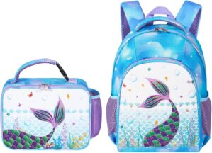 WAWSAM PVC Mermaid Kids Backpack Set – Glitter School Backpack with Lunch Bag for Girls Toddler Preschool Kindergarten Elementary 15′ Travel 3D Blue Book Bag Insulated Lunch Tote