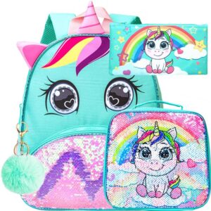 UFNDC Unicorn Backpack with Lunch Box for Girls,3pcs Toddler Sequin Preschool Bookbag,Cute Kindergarten School Bag