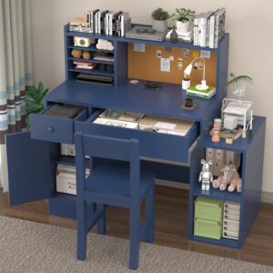 Childrens Computer Desk with Bulletin Board, Blue Kids Desk and Chair Set for 5-12 Year Old, Kids Study Table with Chair, Drawers and Cabinets-10
