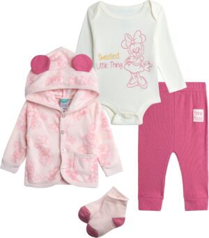 Disney Baby Boys and Girls Take Me Home Set – 4 Piece Unisex Infant Bodysuit, Hooded Jacket, Pants, and Socks (Sizes: 0-9M)