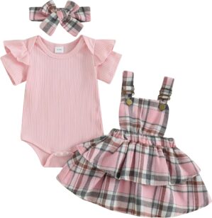 Mubineo Baby Girl Summer Clothes Cute Outfits Short Sleeve Romper Overall Skirt Dress Headband 3PCS Newborn Outfit