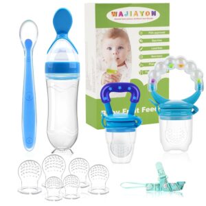 WAJIAYON Baby Fruit Feeder Pacifier – 12 Pack | 2 Baby Fruit Food Feeder Pacifier & 1 Baby Food Dispensing Spoon | Fruit Teethers for Babies | Silicone Teether Feeder Baby,Mesh Baby Feeder (Blue)