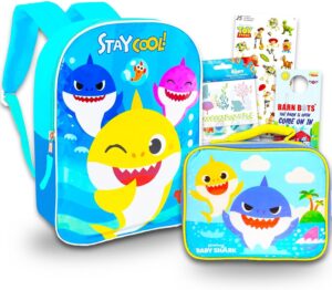 Baby Shark Backpack Lunch Box Set for Boys, Girls ~ 4 Pc Bundle With 16 in Baby Shark School Bag, Lunch Bag, Finding Dory Stickers, And More (Baby Shark School Supplies)