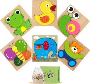 Montessori Toys for 1+ Year Old,Toddler Toys Age 1 2 3 Year Old Boy Girl, Wooden Puzzles for Toddlers 1-3,Learning Educational STEM Sensory Toys,6 Animal Jigsaw Puzzles Games Baby Toys Boy Girl Gifts
