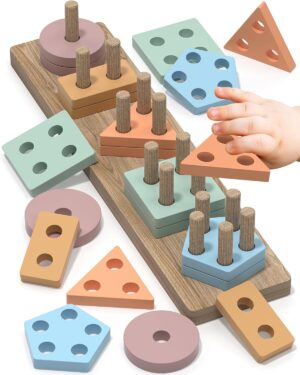 Montessori Toys for 1 2 Year Old Girl Boy, Toddler Toys 1 2 Year Old Girl Boy Birthday Gifts, Education Toddler Puzzles for Wooden Stacking Block Ages 1-3 2-4
