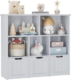 FOTOSOK Toy Storage Organizer with 3 Movable Drawers, Floor Storage Cabinet Toy Chest with Hidden Wheels and 5 Storage Cubbies, Multifunctional Storage Chest for Playroom, Grey
