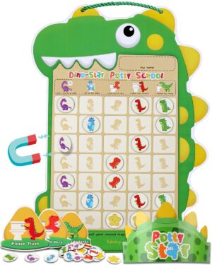 Potty Training Chart for Toddlers Boys & Girls – A Dinosaur Potty Chart with 35 Reusable Magnetic Dinosaur & Star Stickers for Kids Potty Training Reward, 3 Instruction Steps & Crown (Dinosaurs Theme)