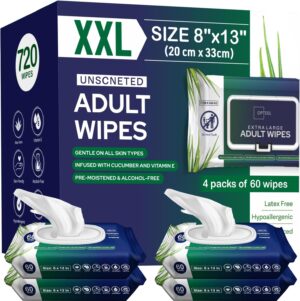 Adult Wipes For Elderly – 8″x13″ 240ct (4 Packs of 60) Huge & Soft Non-Flushable Body Wipes for Adults Bathing No-Rinse – Incontinence Disposable Washcloths, Vitamin E & Aloe Infused Shower Wipes.