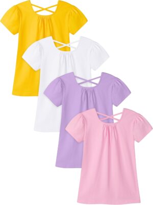 Poroka 4 Pack Toddler Girls Shirts Cotton Short Sleeve Shirts Crewneck Puff Sleeve Tops Tees Toddlers Summer T-Shirts