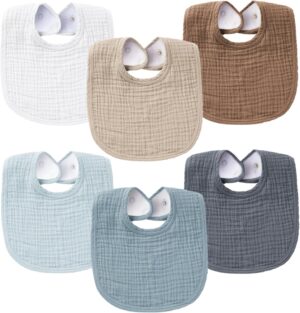 Konssy 6-Pack Muslin Baby Bibs for Boys & Girls, Soft Cotton Absorbent Drool Bibs, Bandana Bibs for Drooling & Teething