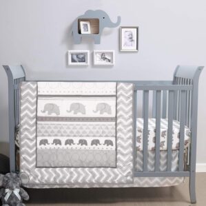 The Peanutshell 3 Piece Baby Crib Bedding Set for Boys & Girls – Newborn, Infant & Toddler Nursery Bed Set Decor with Fitted Crib Sheet, Dust Ruffle Comforter – Elephant Walk