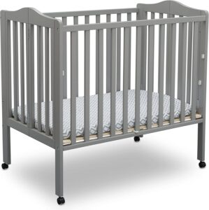 Delta Children Folding Portable Mini Baby Crib with 1.5-inch Mattress – Greenguard Gold Certified, Grey