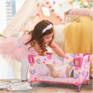 Toy Baby Doll Crib for 18” Dolls, Cute Pink Heart Designed Baby Doll Bed with Carry Bag, Toy Crib Doll Furniture for 3 Years+ Girls