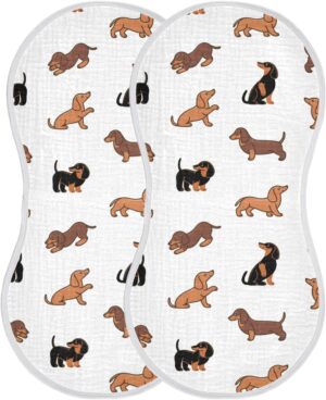 Muslin Baby Burp Cloths Set of 2, Soft Absorbent Cute Dogs Dachshunds Muslin Washcloths, Bibs, Face Towel for Newborn Boys Girls, 22 x 11 Inch