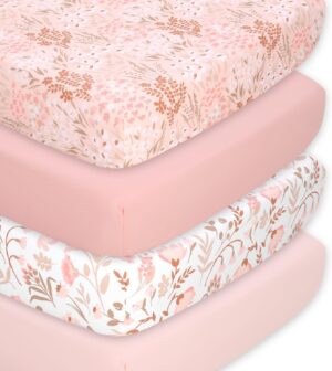 The Peanutshell 4-Pack Fitted Crib Sheet Set – Super Soft & Breathable Baby Girl Crib Sheets, Nursery Decor, Fit for Standard Mattress Cover- Whimsical Floral