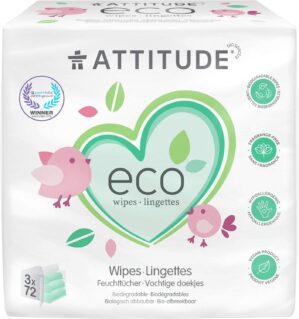 ATTITUDE Biodegradable Baby Wipes, Plant Based Unscented Diaper Wipes for Babies and Newborn, Dermatologically Tested, Vegan, 72 Count (Pack of 3)