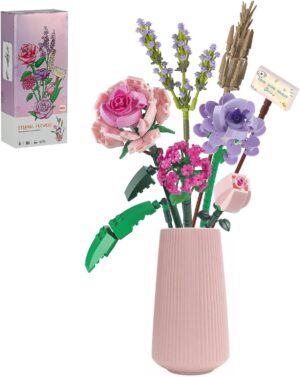 Flower Bouquet Building Blocks Sets for Adults Mini Pink Rose Lavender Botanical Collection Toys Kits Valentines Mother’s Day Birthday Gifts for Mom Women Her Girlfriends Kids 8+ 8-12 (393PCS)