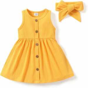 PATPAT Baby Toddler Girl Dresses Infant Sleeveless Summer Tank Dress Sundress Long Sleeve Fall Dress Rib Knit with Headband