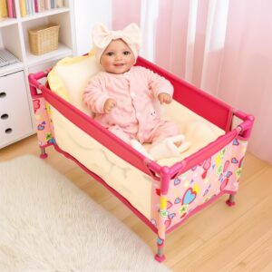BABESIDE Baby Doll Crib, Baby Doll Bed for 17-21 Inch Dolls, Foldable Baby Doll Playpen Toy Crib, Reborn Baby Doll Accessories with Storage Bag, Doll Pack n Play Kids Gift (Pink)