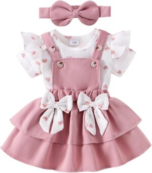 Baby Girl Clothes Newborn Romper Love Heart Print Short Sleeved Ruffled Bow Skirt Headband Outfits Set 0-18 Months