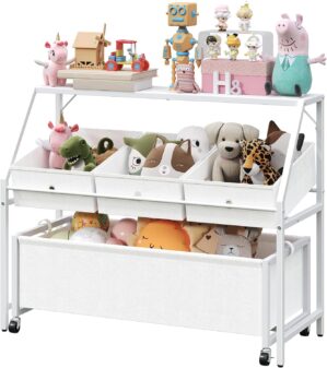 Toy Storage Organizer, Kids Toy Organizers and Storage Bins, Toy Storage Shelf with Wheeled, Toddler Toy Storage Organizer for Living Room, Playroom, Nursery, Bedroom, White SCBW16901