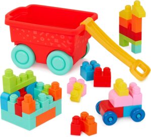 Battat – Building Blocks – 47Pc Brick Set – Colorful & Chunky Bricks – Unique Wheel Bricks – 12 Months + – Locbloc Red Builder’s Wagon
