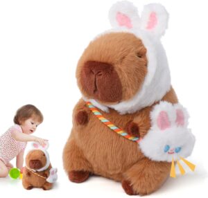 Emoin Cute Capybara Plush Baby Easter Gifts, 9 Inch Easter Bunny Capybara Stuffed Animals Wearing White Bunny Hat and Bag Hugging Toy Soft Capybara Plushie Doll Easter Gift Toy