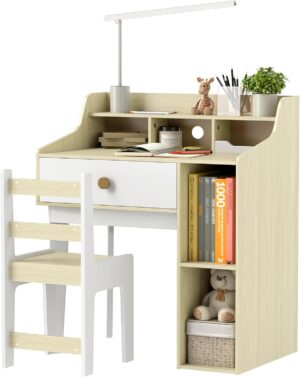 Qaba Kids Desk and Chair Set, Student Desk and Chair Set with Storage Shelves, Drawer, Kids Study Desk and Chair Set for 3-10 Years, White