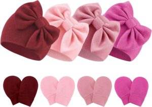 Newborn Baby Hats and Mittens Set Infant Bow Beanie Cap Toddler Gloves Newborn Hospital Hats for Baby Boy Girl 0-6 Months