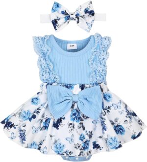 Baby Girl Clothes Newborn Romper Dress Infant Lace Ruffle Sleeveless Summer Outfits with Headband 0-12 Months