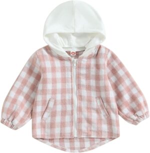 Toddler Baby Plaid Hoodies Long Sleeve Removable Flannel Jacket Infant Boy Girl Zip Up Hooded Sweatshirt Outerwear