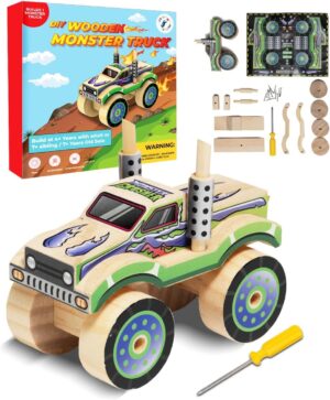 DIY Wooden Kits w/ Stickers – Kids Building Kit – Stem Building Toys – Wood Crafts for Kids – Building Kits for Kids – Woodworking Kits for Kids – Wood Building Kits for ages 4-7 (Monster Truck 2)