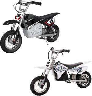 Razor Dirt Rocket Ride On Electric Rechargeable Toy Motocross Motorcycle Dirt Bike, Speeds up to 14 MPH, for Ages 13 and Up, 1 Black and 1 White