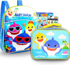Baby Shark Mini Backpack and Lunch Bag for Kids ~ 4 Pc Bundle With 11 inch Baby Shark School Bag, and Toy Story and Finding Dory Stickers (Baby Shark School Supplies Set)