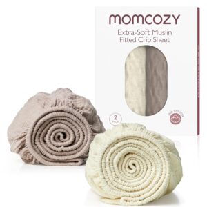 Momcozy Muslin Standard Fitted Crib Sheets, 52″x28″, 2 Pack Soft Breathable Natural Cotton Baby Mattress Sheet, 360° Mattress Wrapping No Slip Boys Girls Neutral Toddler Bed Sheet, Cream Coffee Red