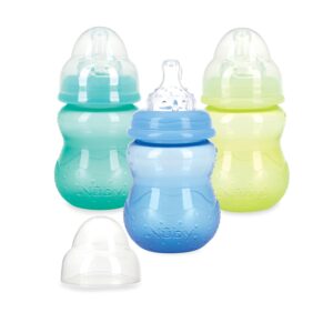Nuby Wide Neck Non-Drip Bottle – Baby Bottles with Anti-Colic Vari-Flo Valve – (3-Pack) 8 oz – 0+ Months – Yellow, Blue, Green