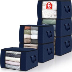 Fab totes 6 Pack Clothes Storage, Foldable Thick Fabric Blanket Storage Bags, Storage Containers for Organizing Bedroom, Closet, Clothing, Comforter, Organization and Storage with Handle,Blue