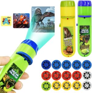 Torch Projector Projection Lighting Story Torches Light Toy Slide Lamp Educational Learning Bedtime Night Light for Children (120 Images, 5 Themes, Dinosaur+Ocean+Animal+Outer Space+Letters)