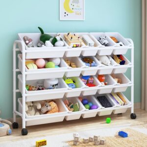 Kids Toy Storage Organizer with 20 Plastic Bins, 4-Tier Metal Toy Storage Rack, Extra Large Toy Organizer and Storage Bins for Kids Room, Nursery and Playroom, White