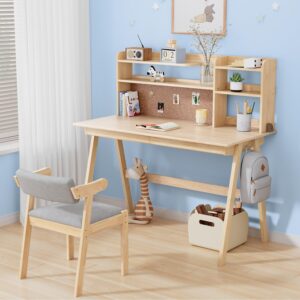 47.24″ Kids Table and Chair Set, Solid Wood Desk with Drawers for Kids, Wooden Desk Hutch with Cork Bulletin Board, Study Table and Chair Set for Bedroom, Study Room, Natural