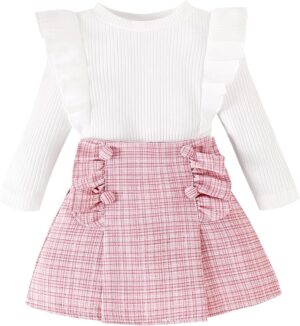 Kuriozud Fall Toddler Girl Clothes Baby Ruffle Long Sleeve Shirt Plaid Skirt Set Back To School 2 Piece Outfit