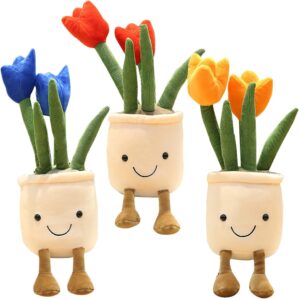3pcs Cute Succulents Plushies, Stuffed Potted Plants Plush Doll, Soft Plush Succulent Gifts for Kids Boys (Red+Orange+Blue)