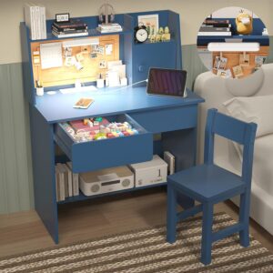 Kids Study Desk with 3-Color Lights, Blue Desk and Chair Set for 5-12 Year Old, Kids Study Table with Charging Station, Study Table with Drawers and Storage Shelf-5c40