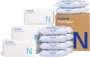 Coterie Baby Diapers + Wipes Baby Kit, Size NB (186 Count) + 12 Wipe Packs (672 Wipes) Made with Plant Derived Fibers, Hypoallergenic, Designed for Sensitive Skin, Clean Ingredients