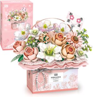 MEIEST Flower Bouquet Building Blocks Model Set,Simulation Artificial Rose Handheld Gift Box,Bonsai Plant Building Bricks Toys,Home Decor (Fantasy Pink)